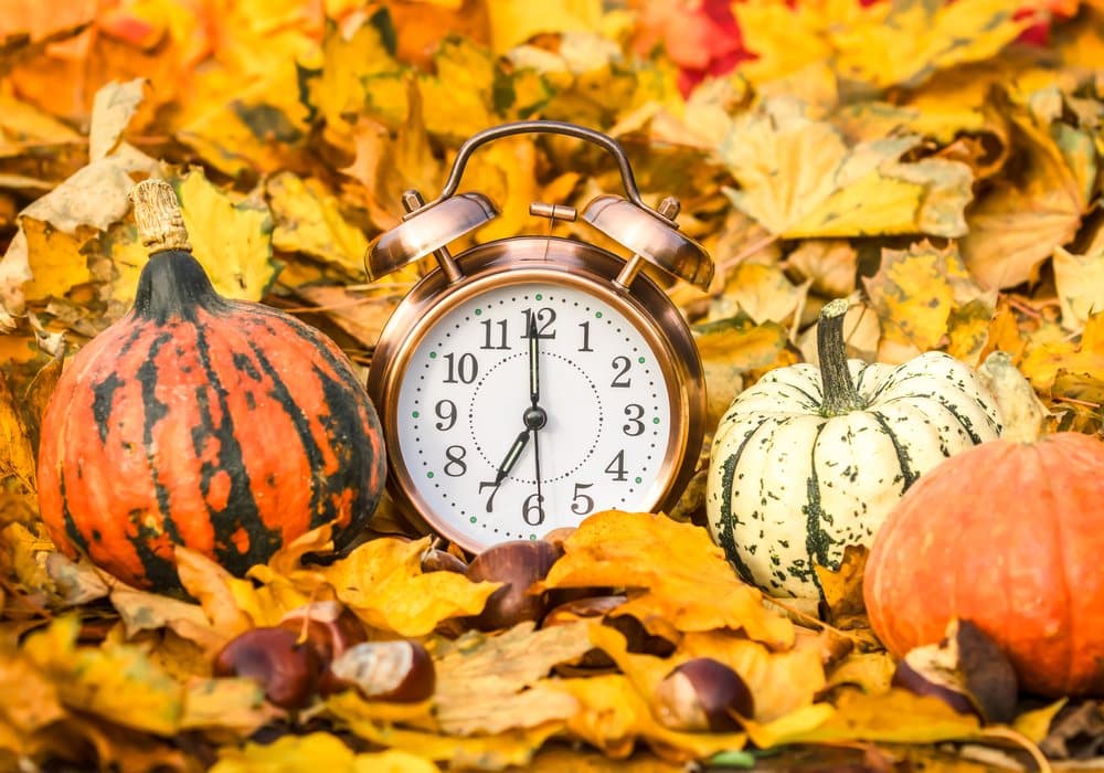Alarm clock surrounded by autumn leaves, pumpkins and chestnuts as the clocks go back